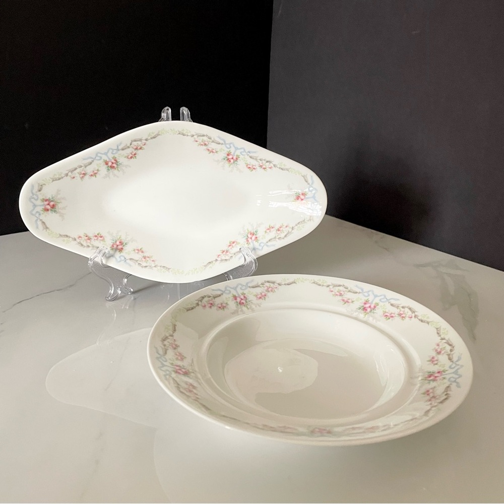 Relish Tray and Serving Bowl SET - Pink Roses & Blue Ribbon - Guerin Limoges